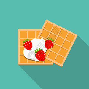 早餐比利时华夫饼与奶油和草莓图标在现代平面样式矢量它制作图案图片