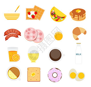 现代平面样式矢量它制作图案中的早餐图标集食物谷物咖啡牛奶插图羊角麦片橙汁时间网络图片