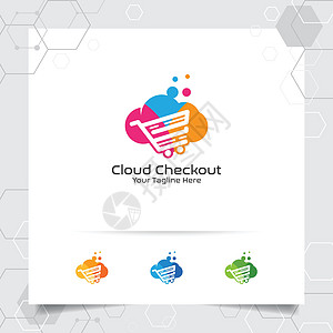 五颜六色的云标志矢量设计与在线商店插图的概念 用于商业和数字在线商店的云和购物车图标矢量图片