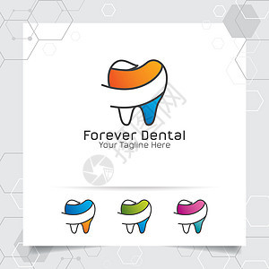 牙科标志牙医矢量设计与扁平线牙图标的概念 医院医生诊所和健康的牙科护理图片