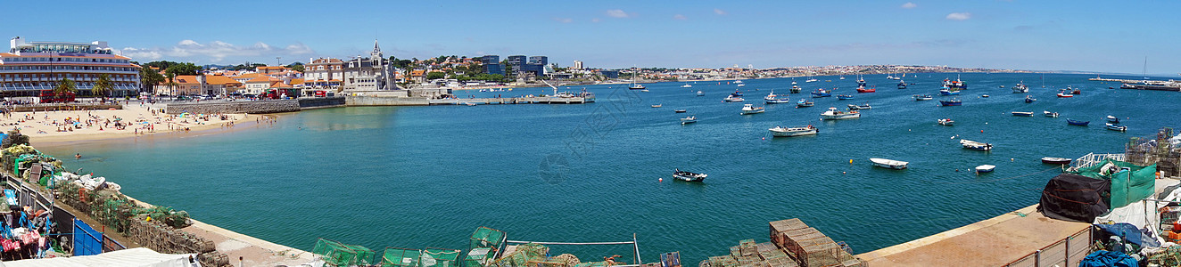 葡萄牙有海滩和港口的海边城镇里斯本附近的卡斯凯西大全景图片