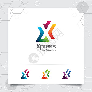 带有现代彩色像素图标的数字标志字母 X 设计矢量 用于业务公司速度网络字体数据商业身份科学彩虹软件图片