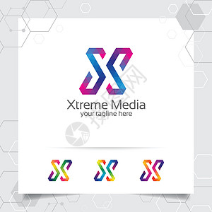 带有现代彩色像素图标的数字标志字母 X 设计矢量 用于业务软件运动商业工作室互联网网站速度地球技术彩虹图片
