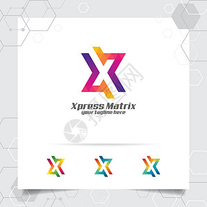 带有现代彩色像素图标的数字标志字母 X 设计矢量 用于业务公司彩虹网站解决方案速度地球数据娱乐软件身份图片