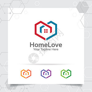 房子首页标志设计概念的爱的心矢量图标 建筑承包商建筑师和出租房屋的房地产和财产标志图片