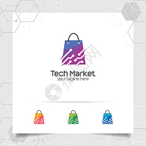 用于商业和超市的在线商店图标和技术矢量的购物袋标志设计概念图片