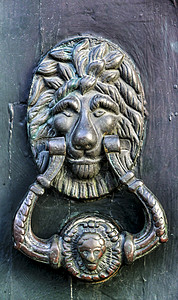 绿色木制门的旧门敲钟房子动物铁工青铜装饰品门把手公告狮子木头金属图片