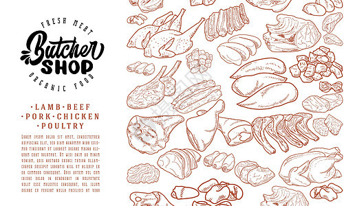 新鲜生肉雕刻设计涂鸦菜单牛扒猪肉屠夫家禽熏肉标签烹饪插图背景图片