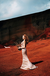 身穿金色婚纱晚礼服的新娘模特肖像 位于冰岛金环火山的黄红色采石场中 花瓶中的障碍物和金色树枝的花束图片