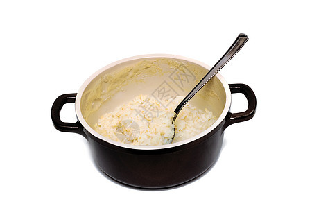 大米粥和汤匙锅 分离灰色美食烹饪乡村勺子早餐稀饭甜点饮食营养图片