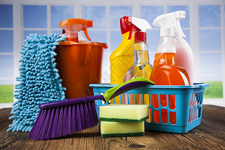 各种清洁用品 设备背景以及各类清洁品卫生洗涤工作团体打扫洗手间橡皮窗户家务消毒剂图片
