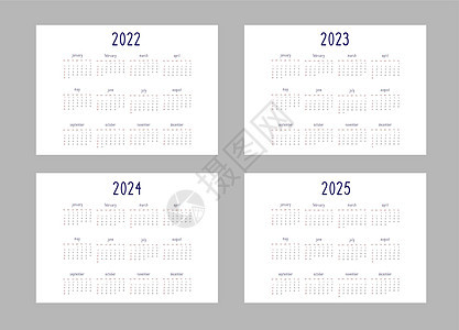 日历 2022 2023 2024 2025 年模板在白色背景上的经典严格风格黑色和红色 一周从星期日开始 水平横向格式 vec背景图片