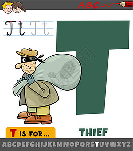 带有卡通小偷特征的字母表中的字母 T图片