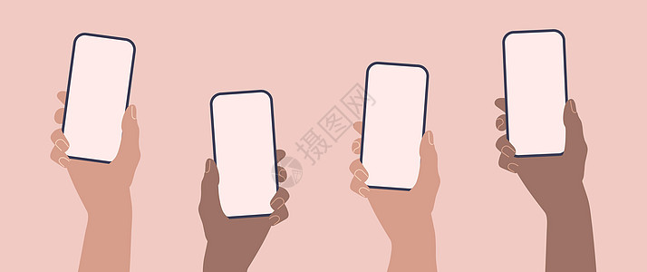 手持手机 用空屏幕模板的智能手机蓝色技术网店空白短信社会展示互联网投票照片背景图片