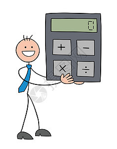 Stickman 商务人士字符持有计算器和卡通它制作图案预算帐户草图银行男人数据办公室桌子男性人士图片