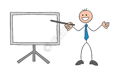 Stickman 商务人士性格快乐 在白板前 用卡通图案指着人士涂鸦火柴人营销文档商务草图推介会绘画卡通片图片