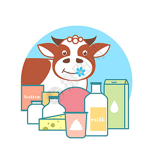 乳制品的标志 矢量卡通人物奶牛和奶牛场产品图片
