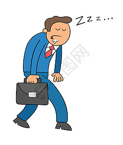 卡通商务人士一边走路一边上班和睡觉矢量图解剪贴小憩男人公文包苏醒睡眠时间绘画唤醒说谎图片
