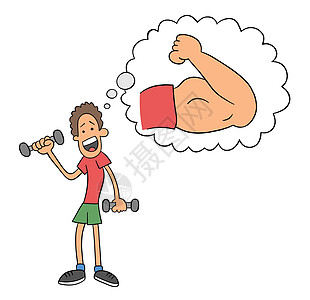 卡通瘦人梦想通过举起哑铃矢量图案来锻炼手臂肌肉艺术健康举重健身房卡通片训练手绘二头肌剪贴重量图片