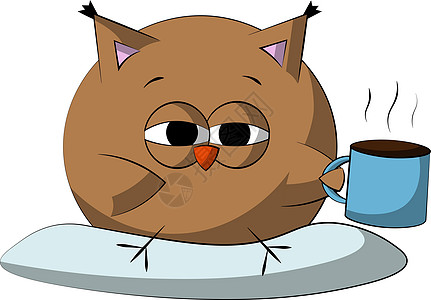 带有枕头和咖啡的猫头鹰 可爱的卡通漫画 用颜色绘制插图图片