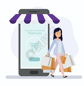 带着购物袋走出商店的女人 与顾客一起购物的网上商店概念图片