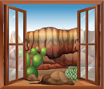 一扇敞开的窗户 可以看到沙漠和仙人掌植物图片