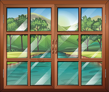流动的河流附近的一扇窗户树木风眼房子框架办公室安装木头植物眼睛双方图片