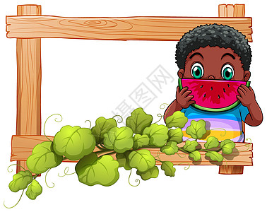 一个木框 男孩吃西瓜图片