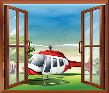 一扇开着的窗户 可以看到 choppe框架建筑通风眼睛安装菜刀直升机房子风眼边缘图片