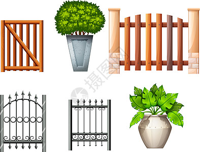 不同的栅栏和大门与植物图片