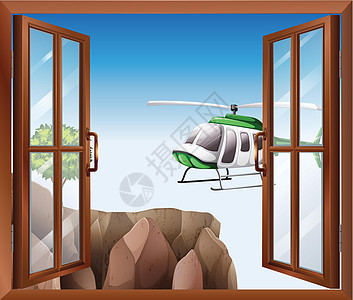 机场vip通道一扇开着的窗户 可以看到 choppe绘画双方眼睛直升机菜刀地貌框架房子木头通道插画