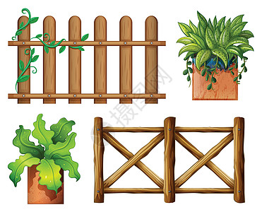 木栅栏和盆栽植物图片