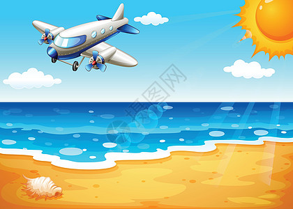一架飞机在海滩粒子引擎阳光螺旋桨海洋天线绘画涡轮太阳水形图片