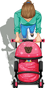 一位妈妈带着婴儿推着婴儿车的俯视图图片