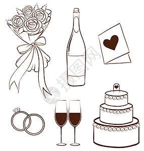 婚礼蛋糕婚礼戒指卡通片沙漠收藏瓶子团体茶点花束婚姻蛋糕插画