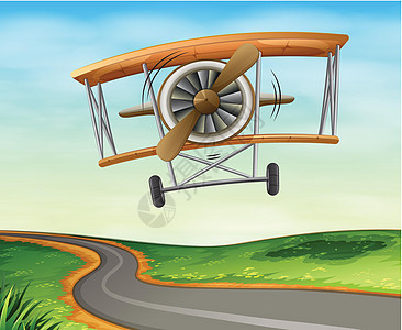 一架老式飞机飞来飞去引擎喷气天空喷射小路植物冲击波杂草缠绕绘画图片