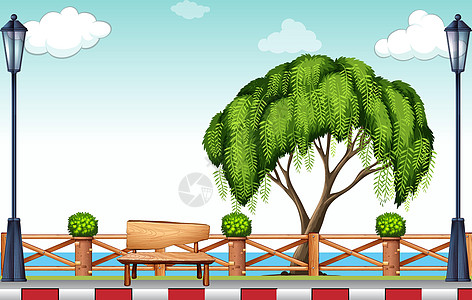 公园里的大树栅栏家具场景绿色植物长椅木板蓝色路障环境酒吧图片