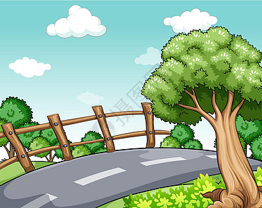 公路旅行风景天空栅栏树木绿色卡通片场景小路绘画植物图片