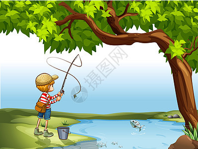 河边钓鱼的男孩男生男人蓝色运动植物栖息地海洋天空娱乐绘画图片