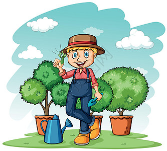 显示他的拇指的园丁植物绅士树木种植蓝色风景男生地貌园艺帽子图片