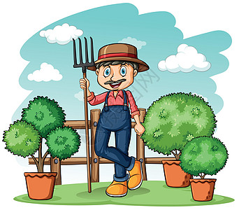 有耙子的愉快的园丁农民男人土块男生园艺杂草白色绘画土壤农业图片