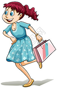 拿着购物篮的女士青少年购物手镯服装微笑女孩裙子蓝色女性跑步图片
