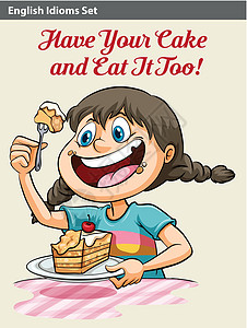 吃蛋糕的女孩成语艺术品红色女性字体甜点英语盘子绘画孩子图片