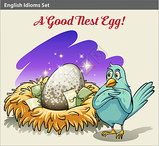 英语成语表示一个巢与 mone语言蓝色账单艺术红色文字动物艺术品宝藏海报图片