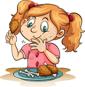 饥饿的女孩吃小鸡辫子油炸手指骨头食物鸡腿餐厅绘画孩子马尾辫图片