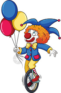 拿着气球的小丑车轮红色细绳平衡蓝色派对演员滚动骑术白色图片