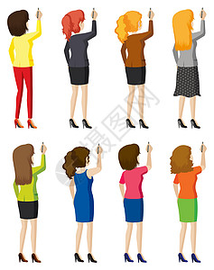八位女士写作女孩们人士办公室白色高跟鞋铅笔圆珠笔空白女性插图图片