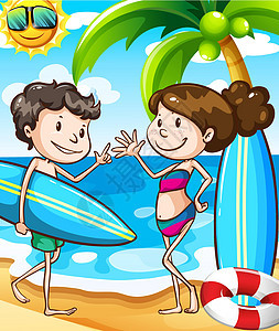 男孩和女孩的夏日海滩场景绘画冲浪蓝色椰子海滨海洋夫妻卡通片棕榈海岸线图片