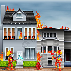 房屋冷杉现场的消防员软管艺术火灾烧伤大厦帮助破坏场景安全工作图片