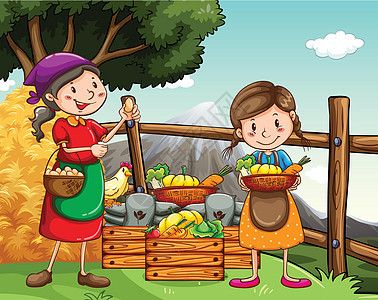 农民风景卡通片植物肥料母鸡营养绘画蔬菜南瓜女孩图片